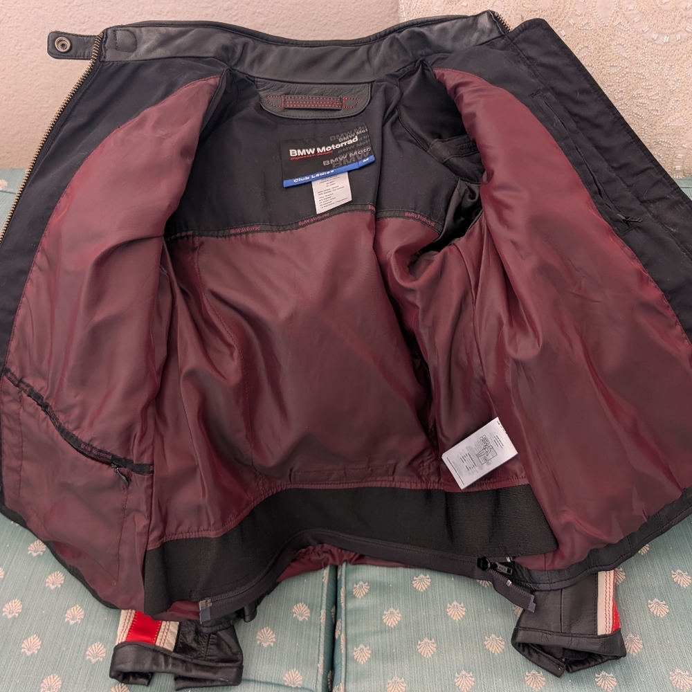 BMW Black Leather Jacket with Red and White Sleeve Stripes - Picture 2 of 4